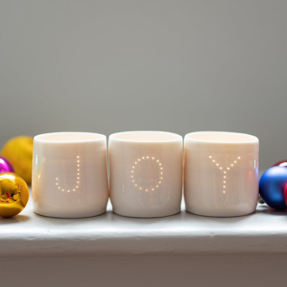 Joy letter mini porcelain tealight holder set