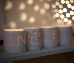 Noel snowman letter mini porcelain tealight holder set