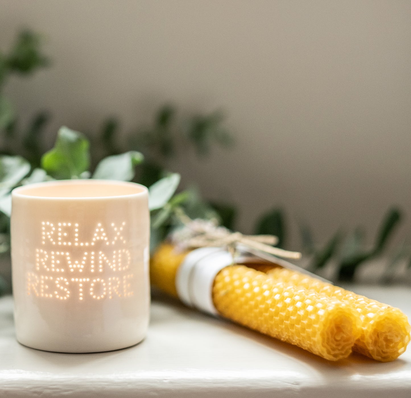 Relax, Rewind, Restore mini porcelain tealight holder