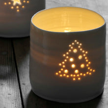 Load image into Gallery viewer, A Christmas tree themed candle holder. Ceramics porcelain tealight candle holder. Christmas gift. Decoration. Illuminated. Candlelight.