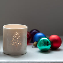 Load image into Gallery viewer, A Christmas tree themed candle holder. Ceramics porcelain tealight candle holder. Christmas gift. Decoration and baubles.