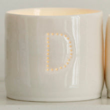 Load image into Gallery viewer, Ceramic candle holder with the letter D. Personalised porcelain tealight holder.