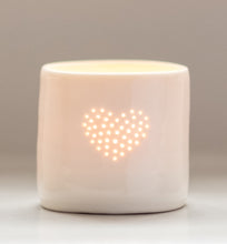 Load image into Gallery viewer, A lovely present this ceramic candle holder is designed with a heart. Porcelain tealight holders as wedding presents, memorials or anniversary gifts.