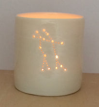Load image into Gallery viewer, Porcelain candle holder with astrological constellation of Gemini. Twins and birthdays. Zodiac present.