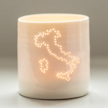 Load image into Gallery viewer, Italy present. Italy country outline on a porcelain candle holder. This ceramic tealight holder evokes European holidays. Handmade. Natural.