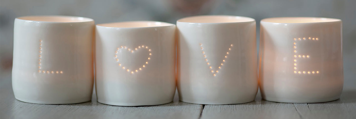 Love Heart letter minis porcelain tealight holder set
