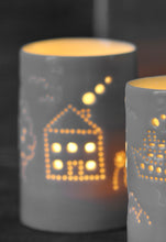 Load image into Gallery viewer, Ceramic tealight holder, with a house and garden design. Perfect for housewarming present, homeware, decoration. Get in the "hygge" mood with this porcelain candle holder.