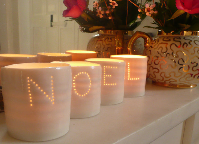 Noel letter mini porcelain tealight holder set