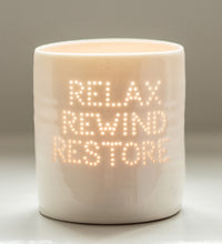 Load image into Gallery viewer, Relax, Rewind, Restore mini porcelain tealight holder