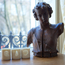 Load image into Gallery viewer, A photo of three ceramic porcelain tealight candle holders, featuring different shell designs. Homeware for relaxing and creating a calm atmosphere.