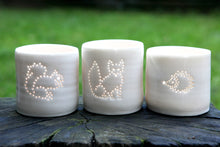 Load image into Gallery viewer, Porcelain tealight holders, these ceramic candle holders feature classic urban wildlife, including a squirrel, fox and cute hedgehog. Animals present.