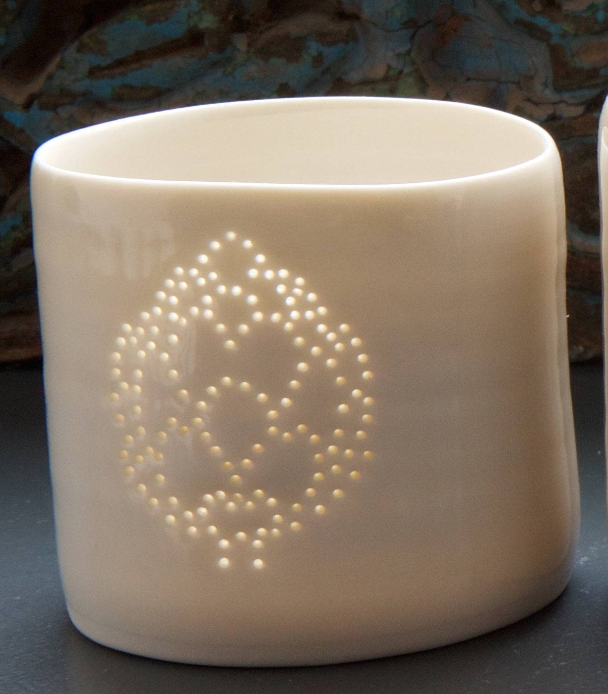 Natural glazed porcelain tealight candle holder, with a design of an artichoke. Handmade. Foodie gift.