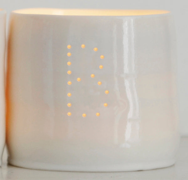 Ceramic candle holder with the letter B. Personalised porcelain tealight holder.