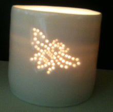 Load image into Gallery viewer, Porcelain ceramic tealight candle holder, featuring a design of a bumble bee, natural glossy glaze. Wildlife gift. Nature present.
