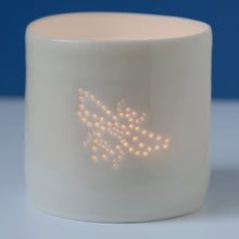 Load image into Gallery viewer, Porcelain ceramic tealight candle holder, featuring a design of a bumble bee, natural glossy glaze. Wildlife gift. Nature present.
