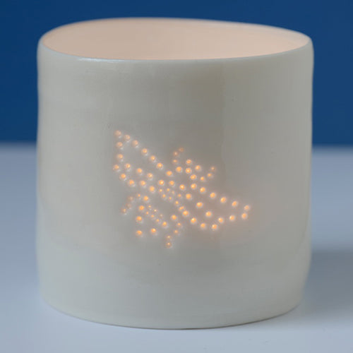 Porcelain ceramic tealight candle holder, featuring a design of a bumble bee, natural glossy glaze. Wildlife gift. Nature present.