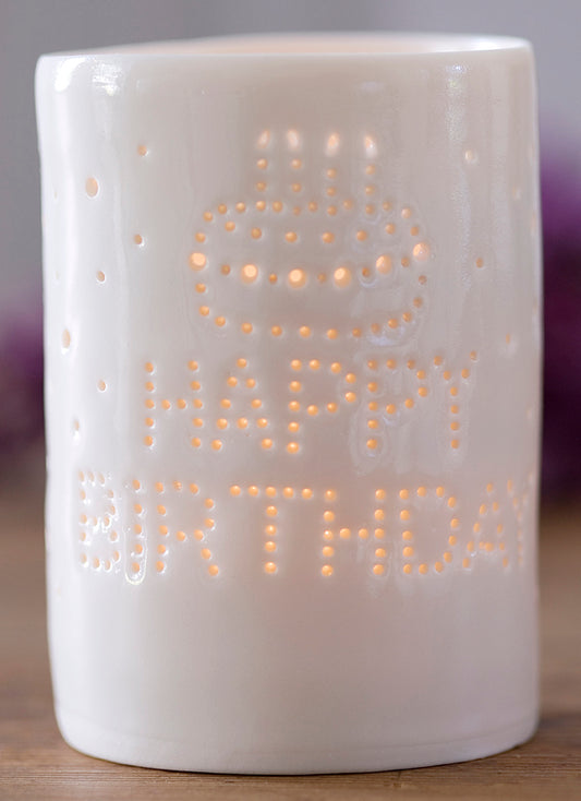 Birthday present - this ceramic porcelain tealight holder is a celebration, with HAPPY BIRTHDAY written on the front. Birthday gift candle holder.