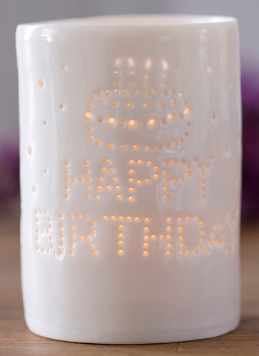 Birthday present - this ceramic porcelain tealight holder is a celebration, with HAPPY BIRTHDAY written on the front. Birthday gift candle holder.