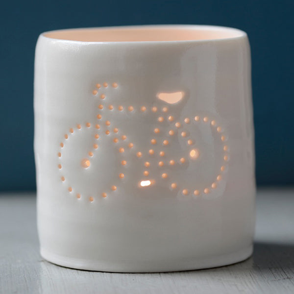 Porcelain ceramic tealight candle holder votive, featuring a design of a bike with a crossbar. Natural glossy glaze. Bicycle. Cycling. Fathers Day.