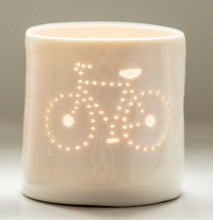 Load image into Gallery viewer, Porcelain ceramic tealight candle holder votive, featuring a design of a bike with a crossbar. Natural glossy glaze. Bicycle. Cycling. Fathers Day.
