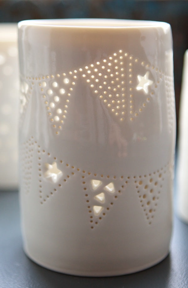 Porcelain ceramic tealight candle holder, with bunting design going all the way round. Hanging garden decoration. Garden party decor. Jubilee gift.
