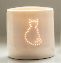 Load image into Gallery viewer, Porcelain ceramic tealight candle holder votive with sitting cat outline design. Natural glossy glaze. Pet lover. Pet gift.
