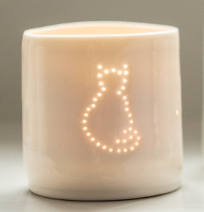 Porcelain ceramic tealight candle holder votive with sitting cat outline design. Natural glossy glaze. Pet lover. Pet gift.