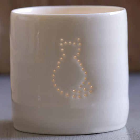 Porcelain ceramic tealight candle holder votive with sitting cat outline design. Natural glossy glaze. Pet lover. Pet gift.