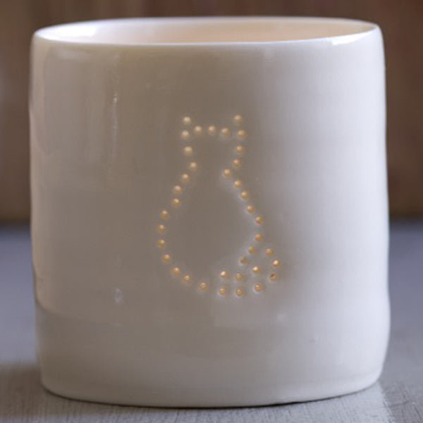 Porcelain ceramic tealight candle holder votive with sitting cat outline design. Natural glossy glaze. Pet lover. Pet gift.