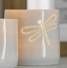 Load image into Gallery viewer, Porcelain ceramic tea light candle holder, with a dragonfly design. Wildlife present. Outdoor gift. Insects and bugs.
