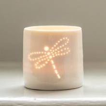 Load image into Gallery viewer, Porcelain ceramic tea light candle holder, with a dragonfly design. Wildlife present. Outdoor gift. Insects and bugs.
