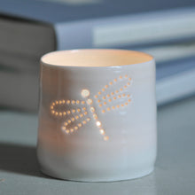 Load image into Gallery viewer, Porcelain ceramic tea light candle holder, with a dragonfly design. Wildlife present. Outdoor gift. Insects and bugs.
