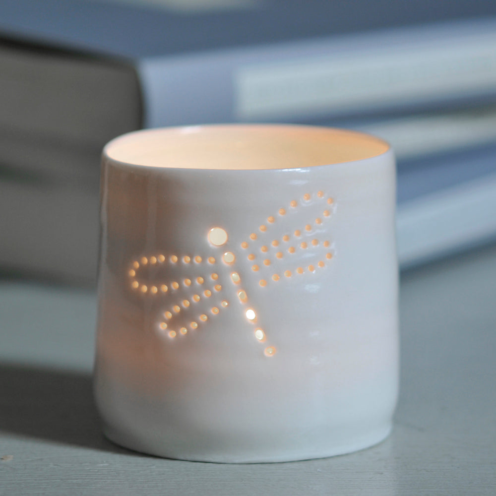 Porcelain ceramic tea light candle holder, with a dragonfly design. Wildlife present. Outdoor gift. Insects and bugs.
