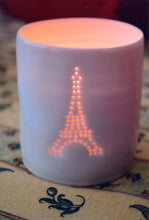 Load image into Gallery viewer, Classic Eiffel Tower design. Porcelain candle holder, this ceramic tealight votive features a classic Paris design.
