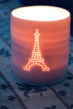 Load image into Gallery viewer, Classic Eiffel Tower design. Porcelain candle holder, this ceramic tealight votive features a classic Paris design.
