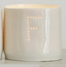 Load image into Gallery viewer, Ceramic candle holder with the letter F. Personalised porcelain tealight holder.
