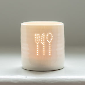Foodie gift, this ceramic tealight holder has a fork, knife and spoon. Restaurant table decoration. Foodie present.