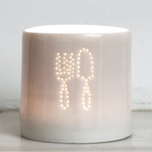 Load image into Gallery viewer, Green fingers present - this ceramic porcelain tealight candle holder features a fork and trowel. Garden tools. Outdoor lighting. Table decoration.
