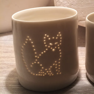 Ceramic candle holder, this features a fox design pierced with tiny holes. Urban wildlife, foxes, vixen.