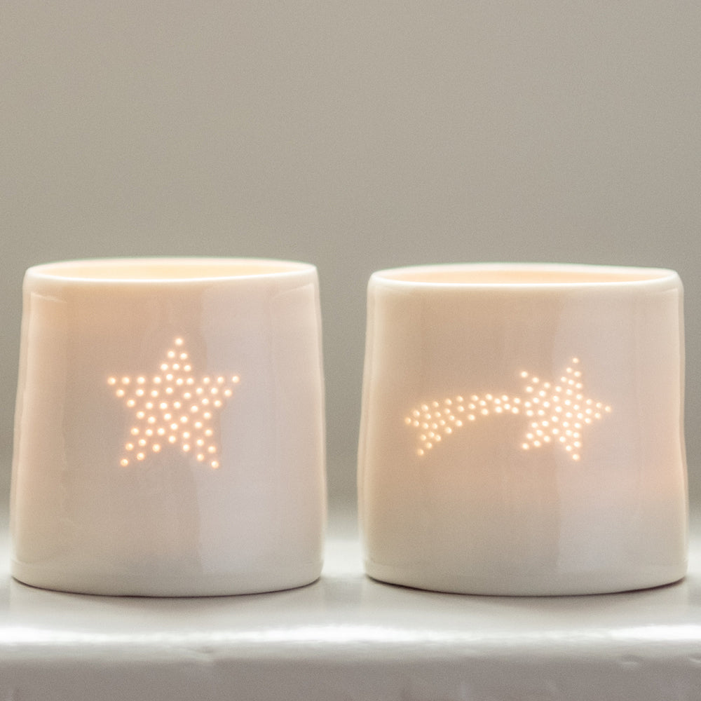 Ceramic candle holder with a star design. Perfect gift for teachers, friends, astrology. Porcelain tealight holder. Full star and shooting star.