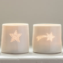 Load image into Gallery viewer, Ceramic candle holder with a star design. Perfect gift for teachers, friends, astrology. Porcelain tealight holder. Full star and shooting star.
