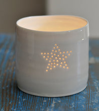 Load image into Gallery viewer, Ceramic candle holder with a star design. Perfect gift for teachers, friends, astrology. Porcelain tealight holder.
