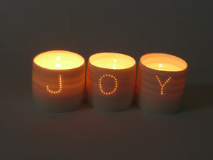 Joy letter mini porcelain tealight holder set