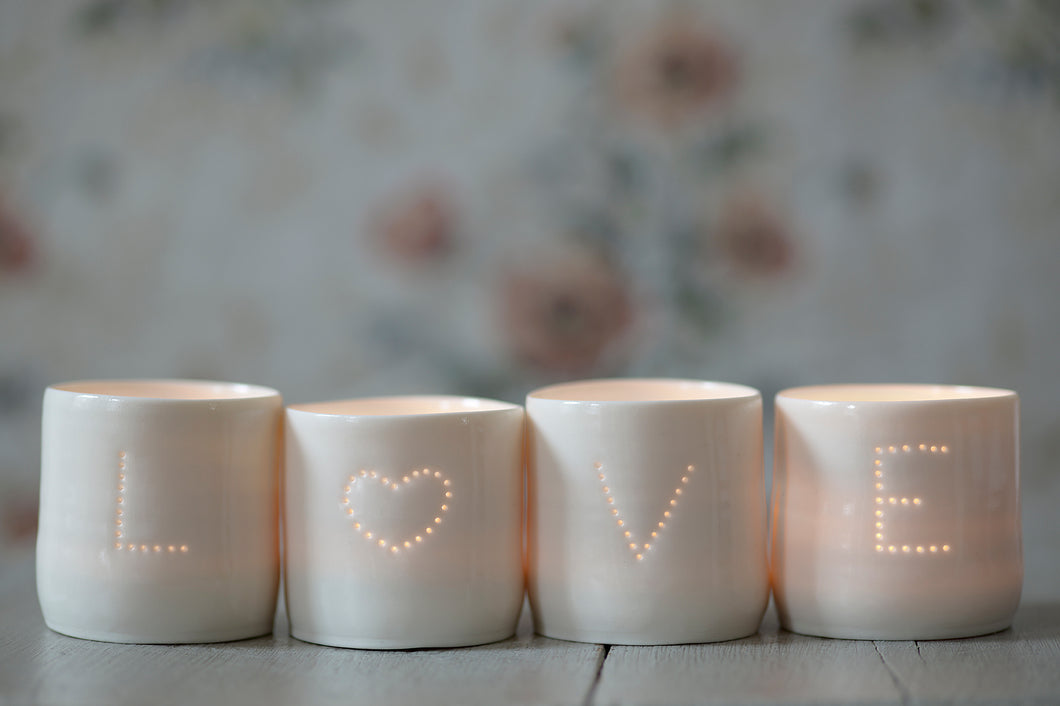 Love Heart letter minis porcelain tealight holder set
