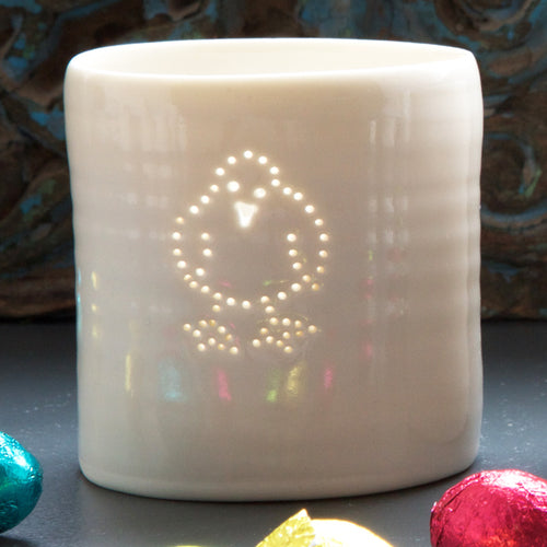 Porcelain ceramic tealight candle holder votive, with a delicate design of a cute chick. Easter present. Easter gift.