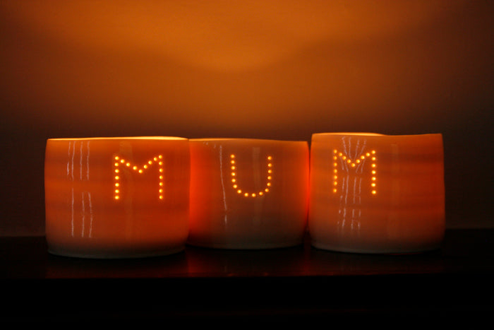 Mum letter mini porcelain tealight holder set