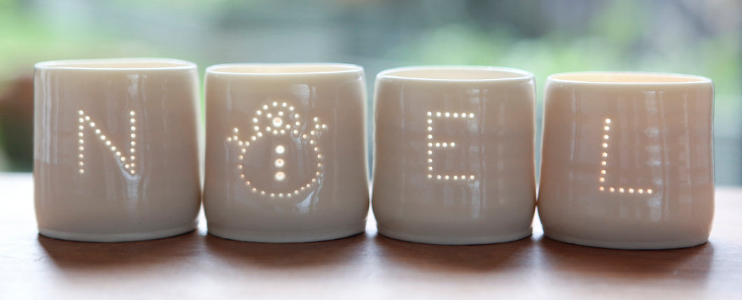 Noel snowman letter mini porcelain tealight holder set