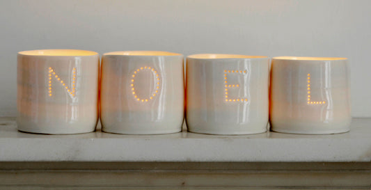 Noel letter mini porcelain tealight holder set